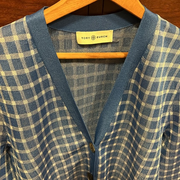 Tory Burch polyester blue & white checkered cardigan - Picture 2 of 3